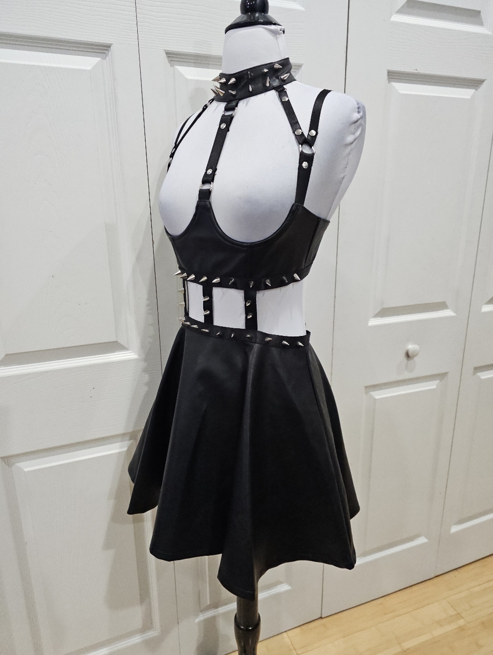 Dolls Kill Widow Black Goth Spiked Faux Leather Caged Demons Underbust Dress S - Picture 3 of 15